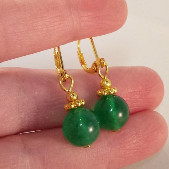 Natural 10mm Green Jade Gemstone Bead Dangle Earrings AAA Yellow Gold Party Gift - Picture 3 of 4